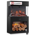 KAMINIO Elektrische haard HENRI - Elektrische houtkachel met verwarming, 3D-vlameffect, houtopslag, afstandsbediening(Zwart)