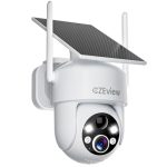Beste camera met zonnepaneel CZEview 2K Bewakingscamera Voor Buiten, Accu, Zonne-Energie, 100% Draadloos, 360° PTZ Camerabewaking Voor Buiten, Met Bewegingsmelder, 2,4 GHz Wifi (2K Wit)