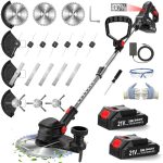 SMILOVII Grastrimmer met accu 21V, 4-in-1 bosmaaier & motorsense 24000 RPM, grasrandsnijder incl. 2x 2.0Ah batterijen, wielen, 90° draaibare kop & LCD-scherm (Profi-serie)