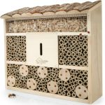 WILDLIFE HOME Bijenhotel, groot insectenhotel met schorsdak, onbehandeld, bijenhuis van massief hout voor bijen, lieveheersbeestjes, insectenhuis en nesthulp om op te hangen